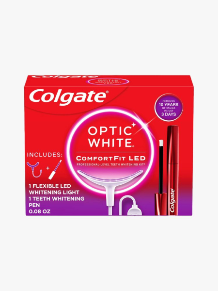 Colgate Optic White ComfortFit LED Teeth Whitening Kit in branded component on a light gray background